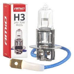 Amio – Λαμπτήρας Αλογόνου H3 24V 70W PK22s για Φορτηγά & Λεωφορεία, εξασφαλίζει ισχυρή εστίαση και μέγιστη αντοχή – 1 Τεμ. (05021/AM)