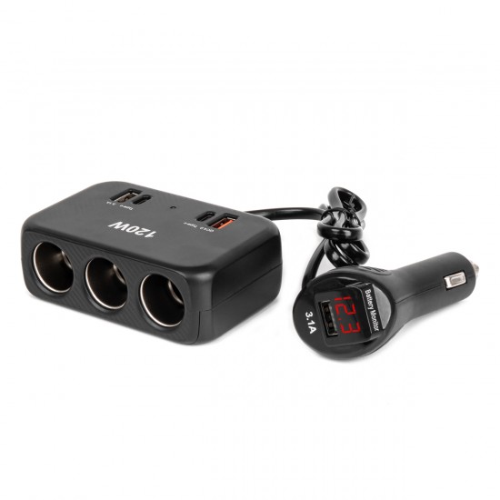 ΑΝΤΑΠΤΟΡΑΣ ΑΝΑΠΤΗΡΑ 12/24V 120W ΨΗΦΙΑΚΟΣ ΜΑΥΡΟΣ/3 ΘΕΣΕΙΣ/2xUSB-A + 1xUSB-C QC 4.0  ΜΕ ΚΑΛΩΔΙΟ 80cm AMIO - 1 Τεμ. ΑΝΤΑΠΤΟΡΑΣ ΑΝΑΠΤΗΡΑ 12/24V 120W ΨΗΦΙΑΚΟΣ ΜΑΥΡΟΣ/3 ΘΕΣΕΙΣ/2xUSB-A + 1xUSB-C QC 4.0  ΜΕ ΚΑΛΩΔΙΟ 80cm AMIO - 1 Τεμ.