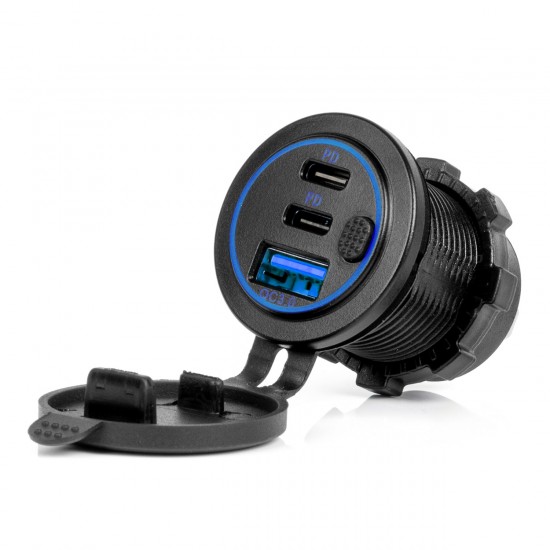 Amio – Φορτιστής Αναπτήρα 12/24V 2xUSB-C + USB QC3.0 για Ταχεία Φόρτιση & Ασφαλή Χρήση με LED – 1 Τεμ. (04596/AM)